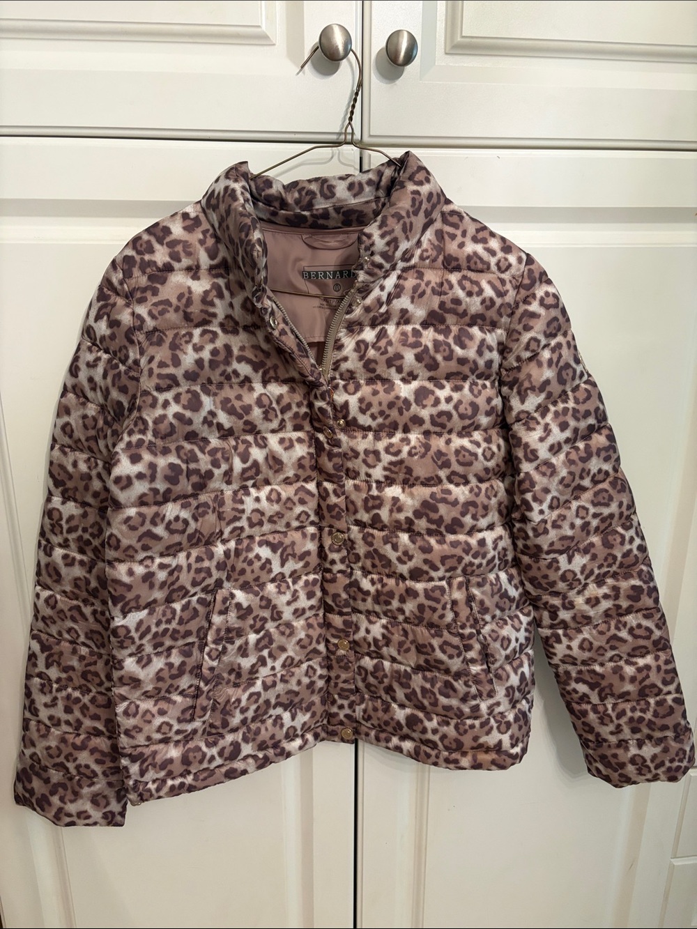 Bernardo Leopard-Print Quilted Puffer Jacket in Taupe and Brown